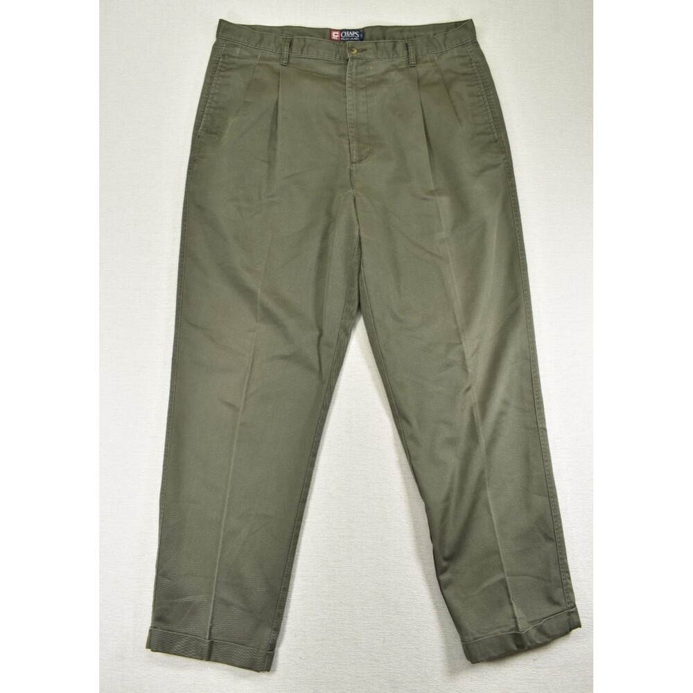 Vintage Chaps Ralph Lauren Pleated Chino Pants Mens 40x32 Olive Green Cuffed